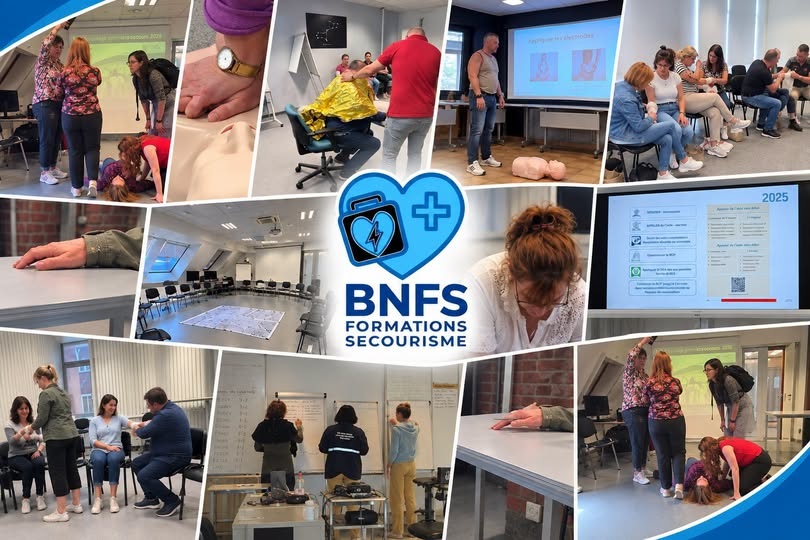 Montage de photos des formations BNFS : mises en situation, réanimation et pratique en groupe